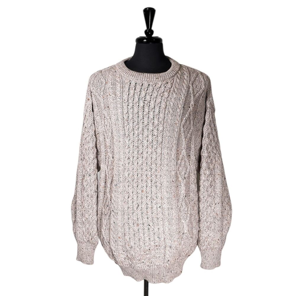 Aran Sweater Market Mens XL Irish Wool Fisherman Cable Knit Beige Pullover